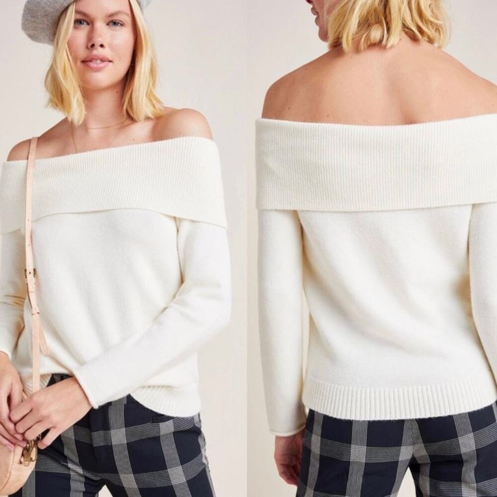 Anthropologie Shelby Off The Shoulder Sweater Ivory White Knit Size Small